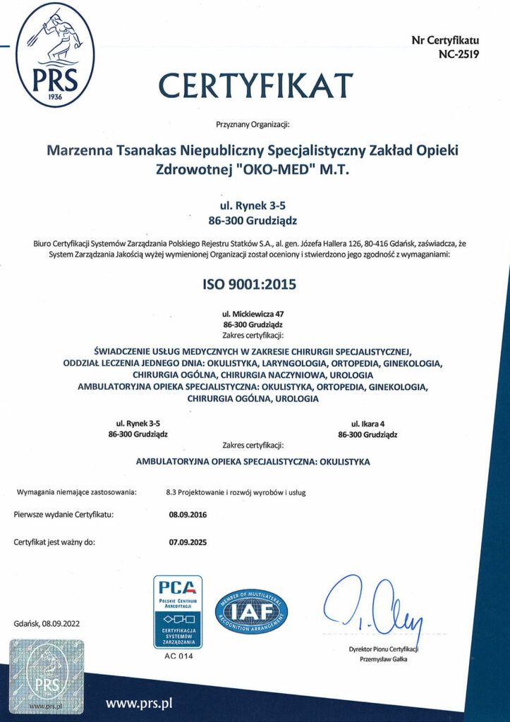 certyfikat ISO 9001:2015 Oko-Med Grudziądz